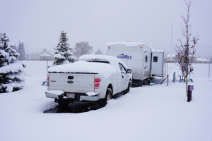 Une belle tempête de neige lors de notre arrêt à Williams en Arizona